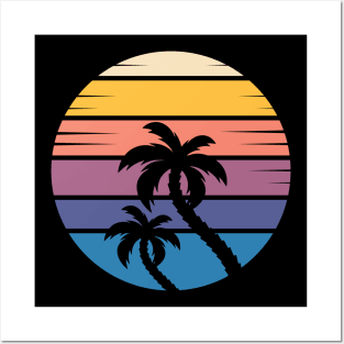 Retro Style Sunset Beach Pal Tree Posters and Art